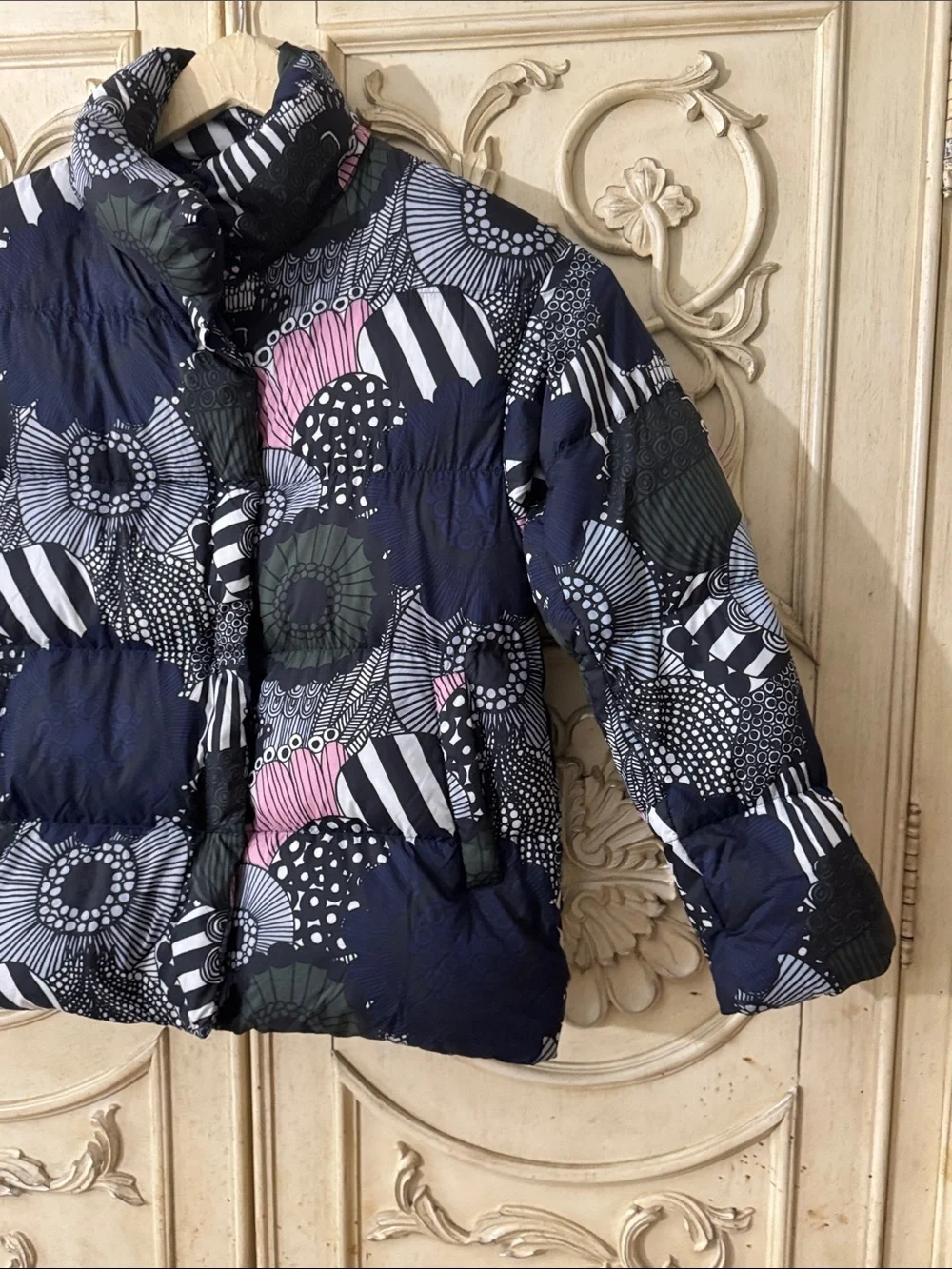 Marimekko X Uniqlo Ultra Light Womens Blue Down Parka Jacket XS UK 6-8 EU 34-36